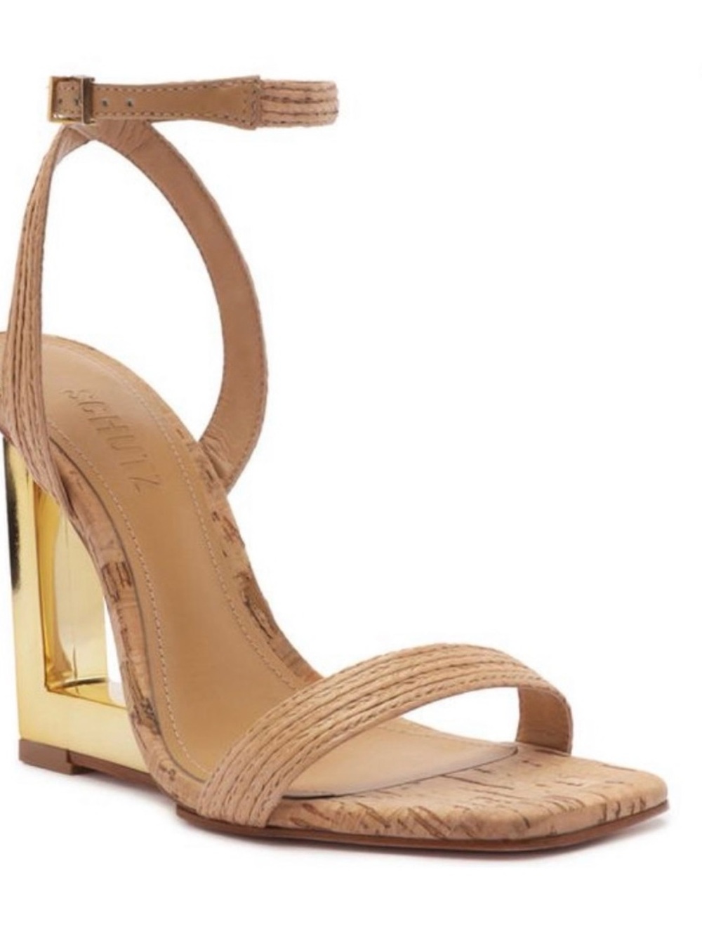SCHUTZ FILIPA - RARE color - Beige Cork Sandals with Gold Geometric Block Heel